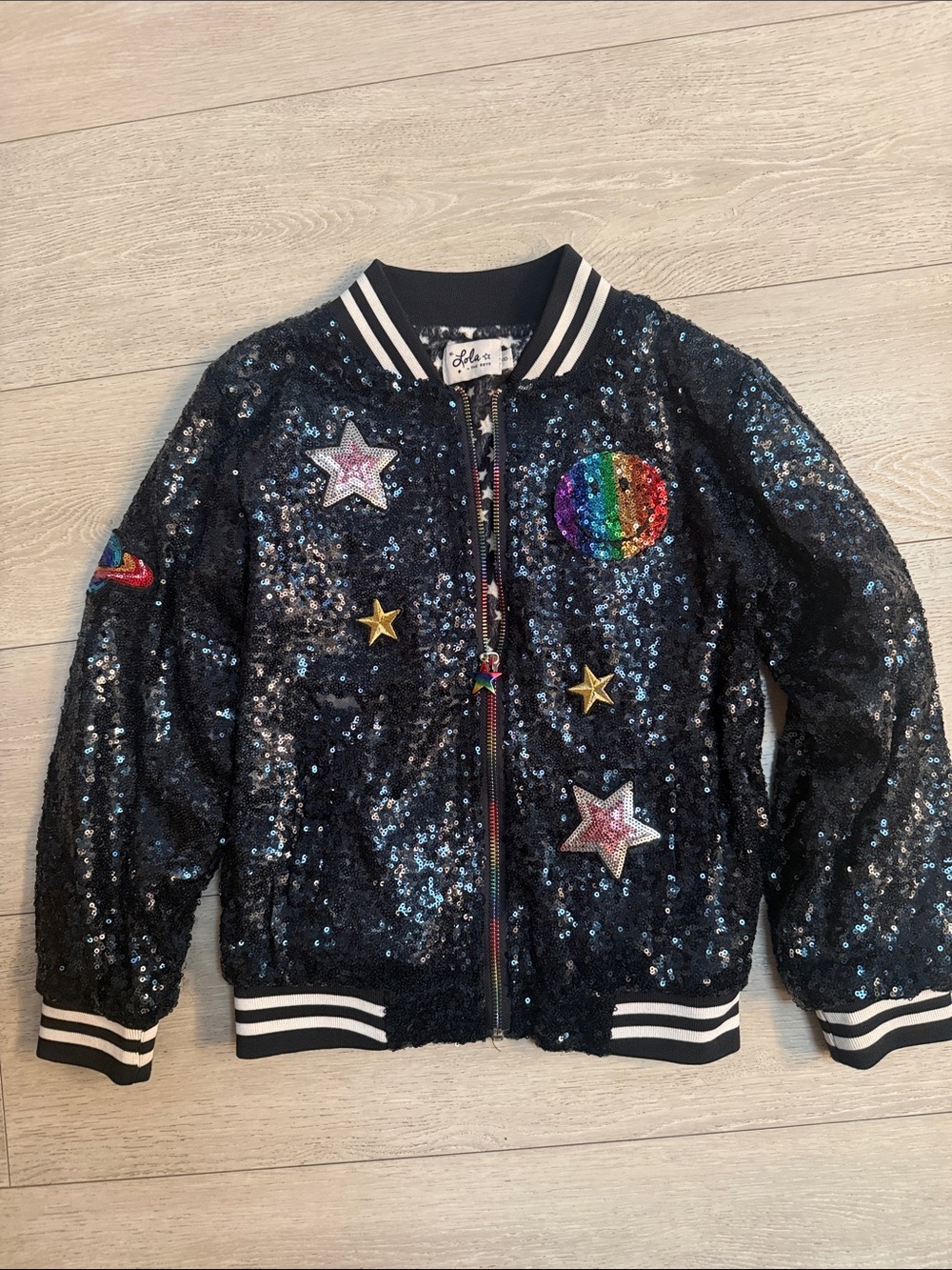 Kids Sequin Bomber Jacket with Rainbow and Star Patches - Black